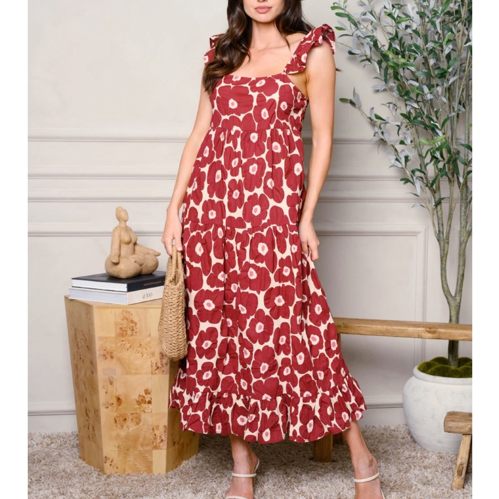 JACQUIE THE LABEL Boho Chic Burgundy Floral Tiered Maxi Dress - Picture 4 of 5